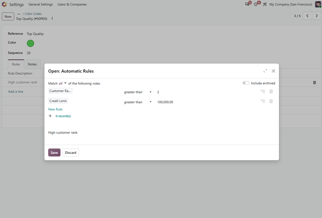 Multiple criteria in color code rules