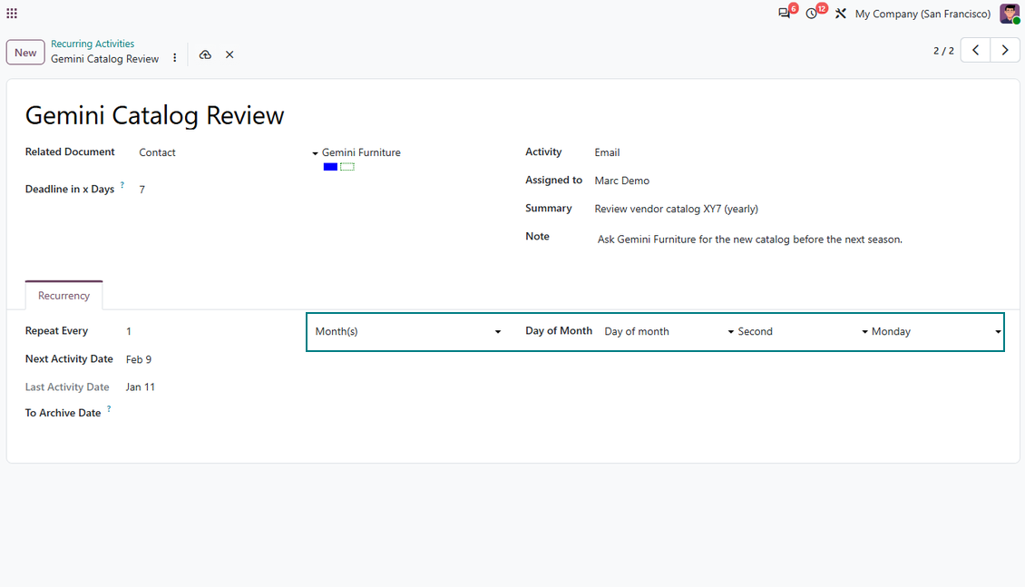 Odoo recurring activities monthly schedule options for repeated mail activities
