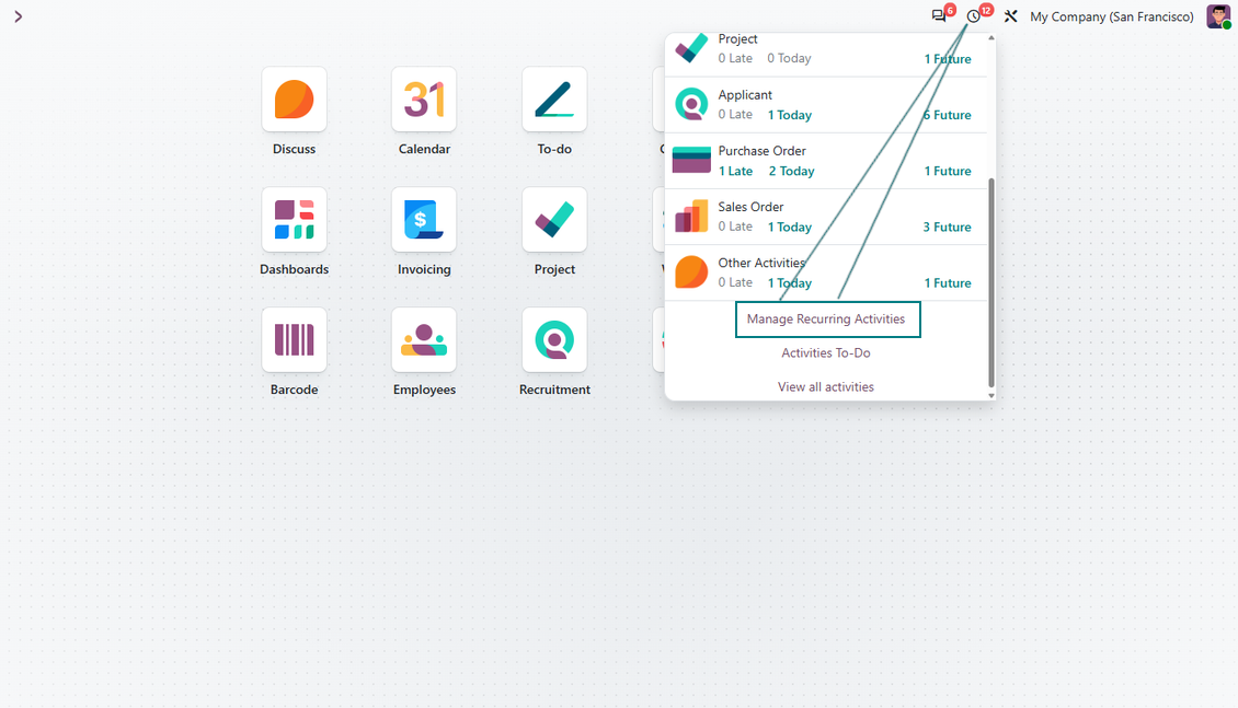 Odoo activities systray entry to manage recurring activity templates