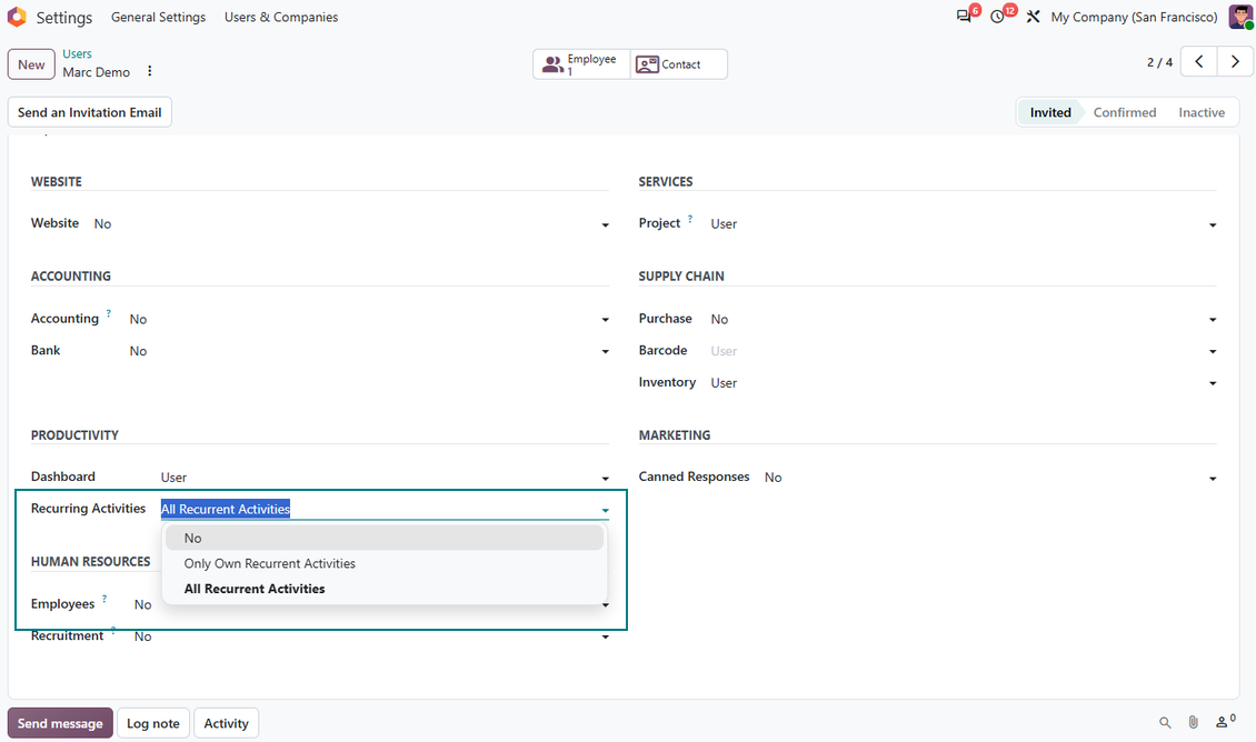 Odoo user rights for repetitive activities