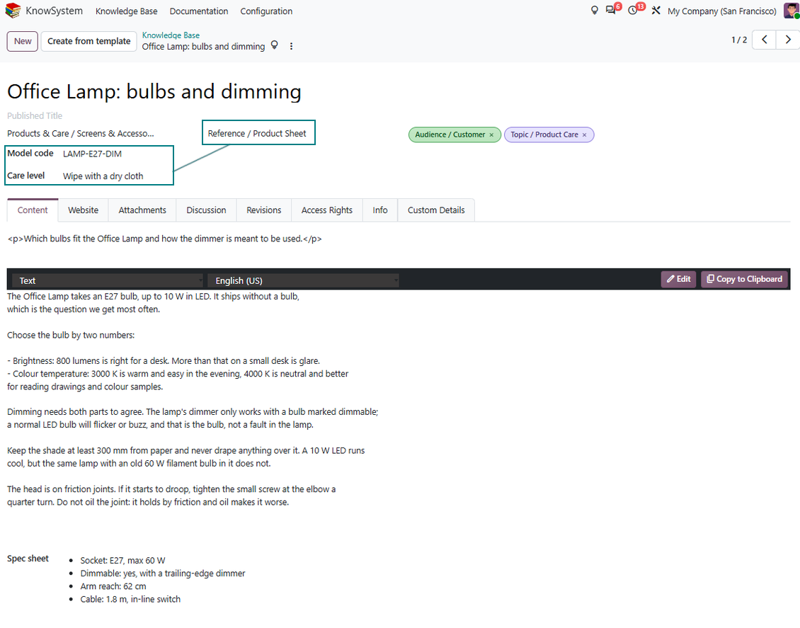 KnowSystem custom field setup used to add structured columns and article metadata