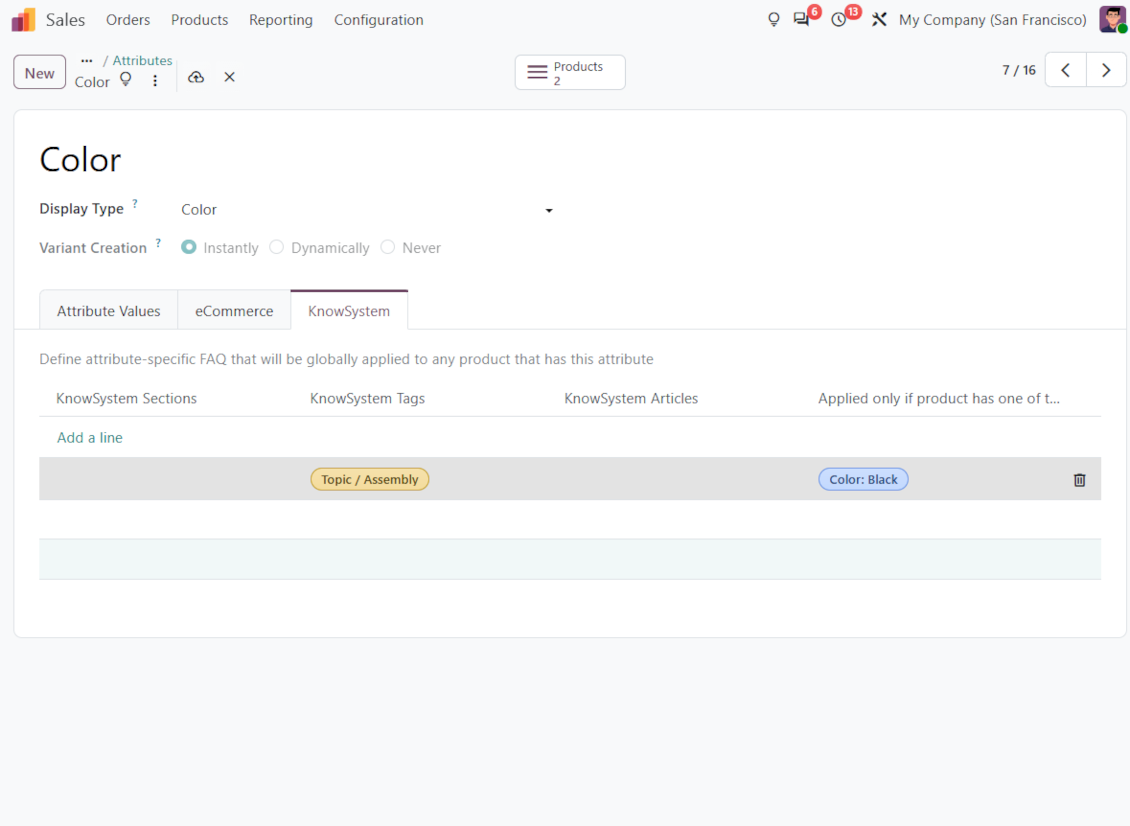 KnowSystem FAQ rules for Odoo product attributes and values to show variant-specific documentation