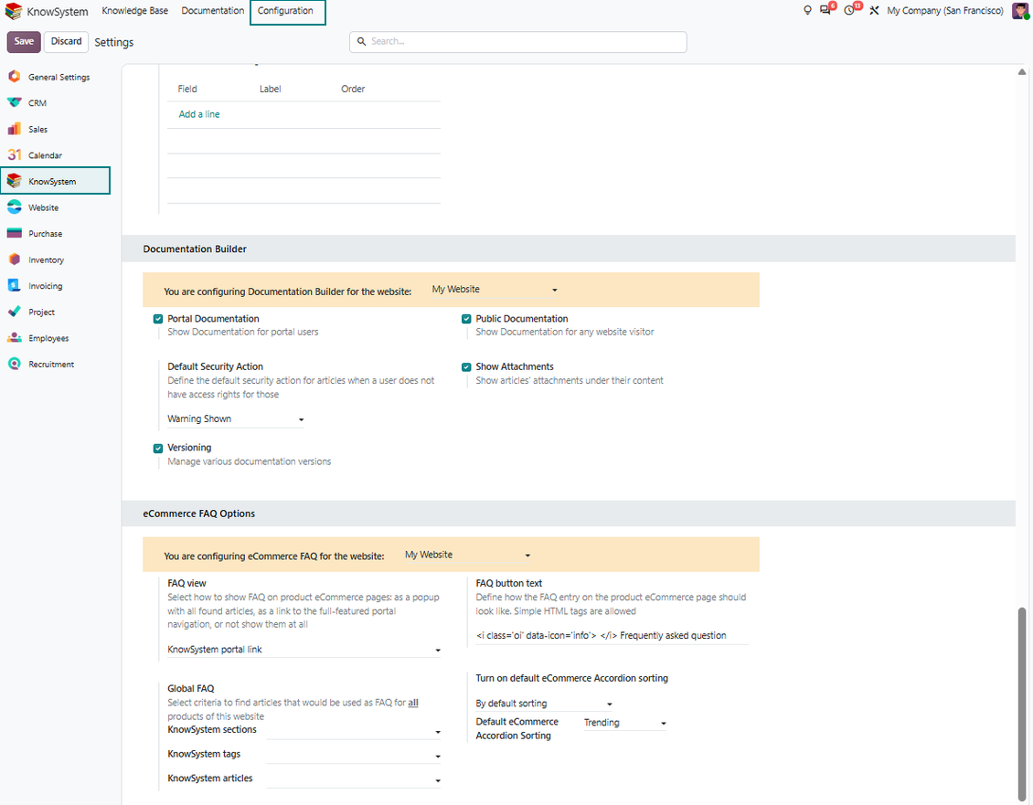 Odoo website settings selecting global KnowSystem sections tags and articles for product FAQs