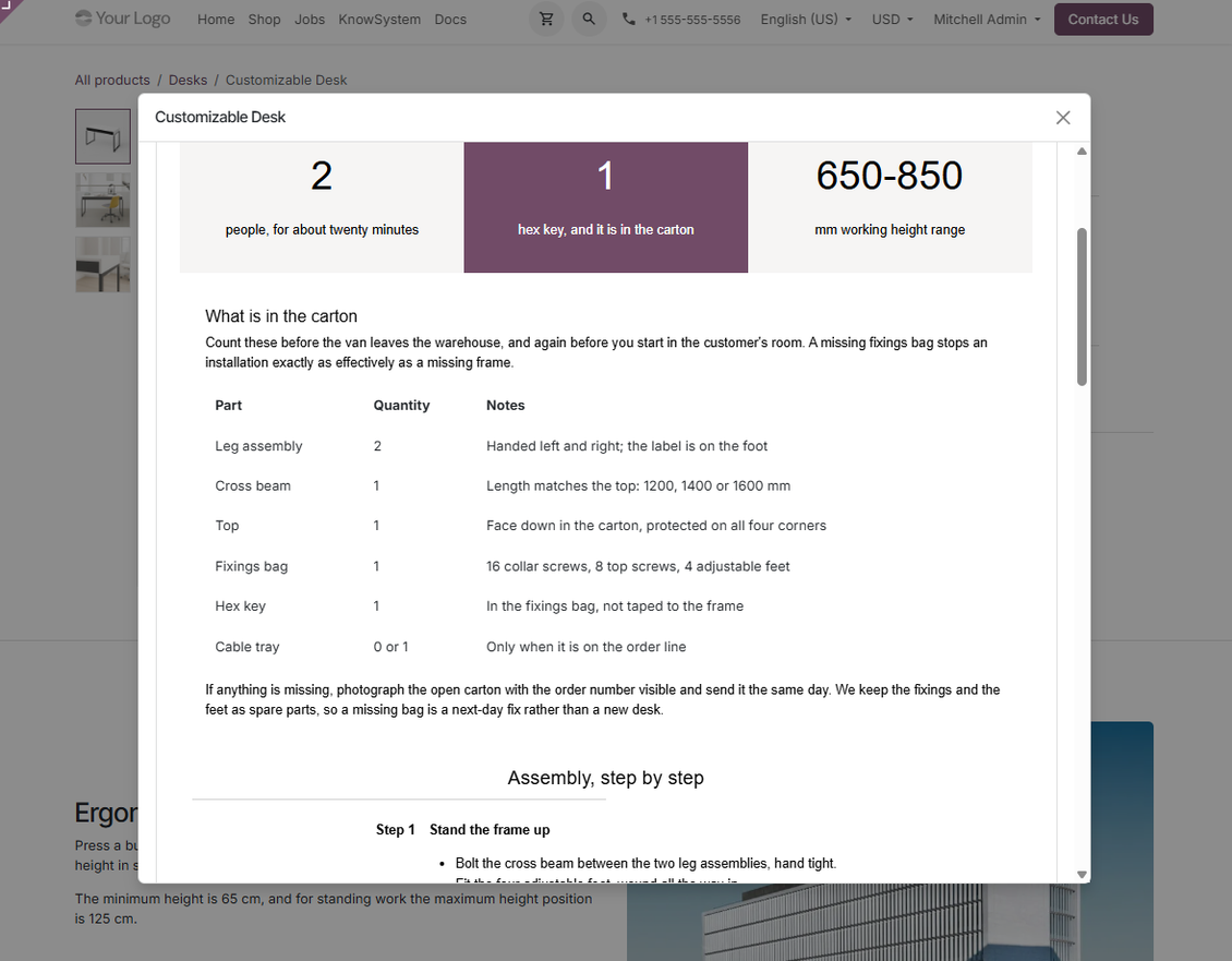 Odoo eCommerce product page showing KnowSystem FAQ articles in a popup accordion for customer self-service