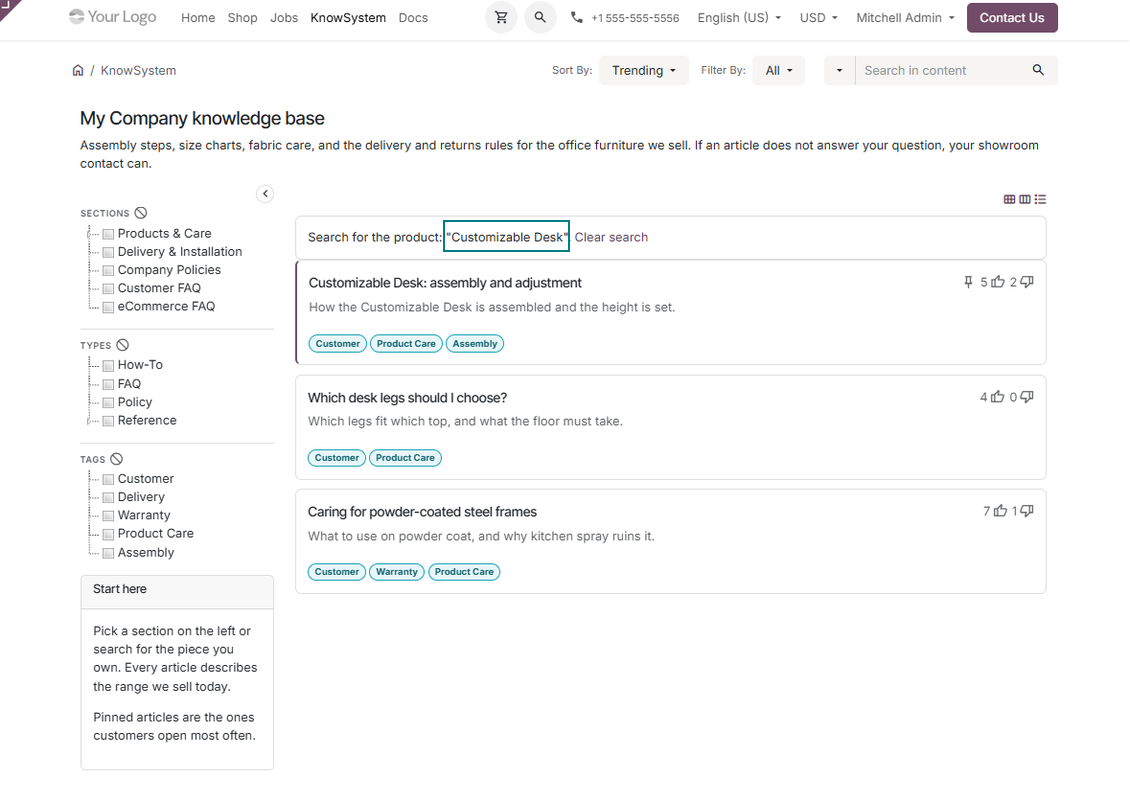 Odoo eCommerce product FAQ opening filtered KnowSystem portal navigation for matching product articles