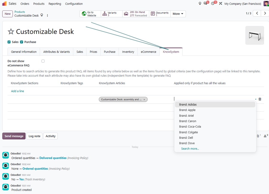 Odoo product template linked with KnowSystem sections tags and articles for product-specific FAQs