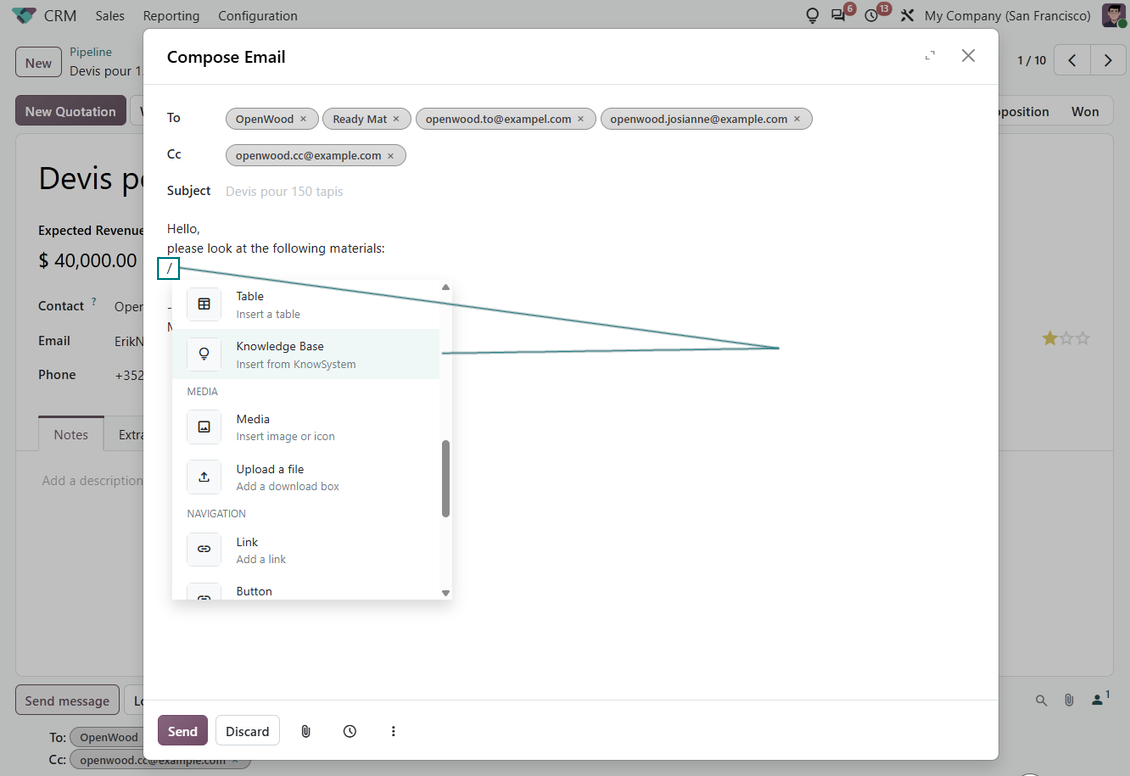 Menyisipkan artikel basis pengetahuan KnowSystem ke composer pesan Odoo