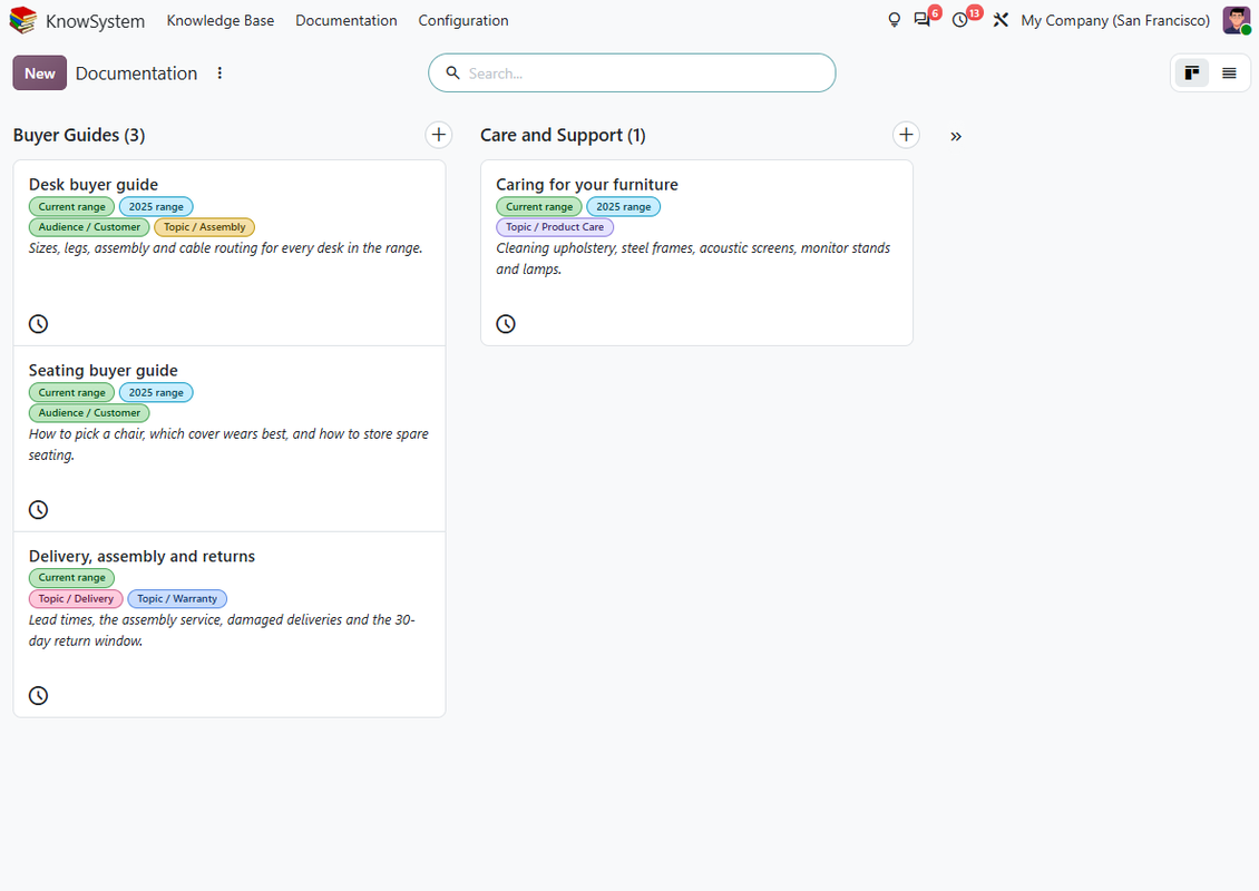 Tampilan backend dokumentasi pengetahuan Odoo