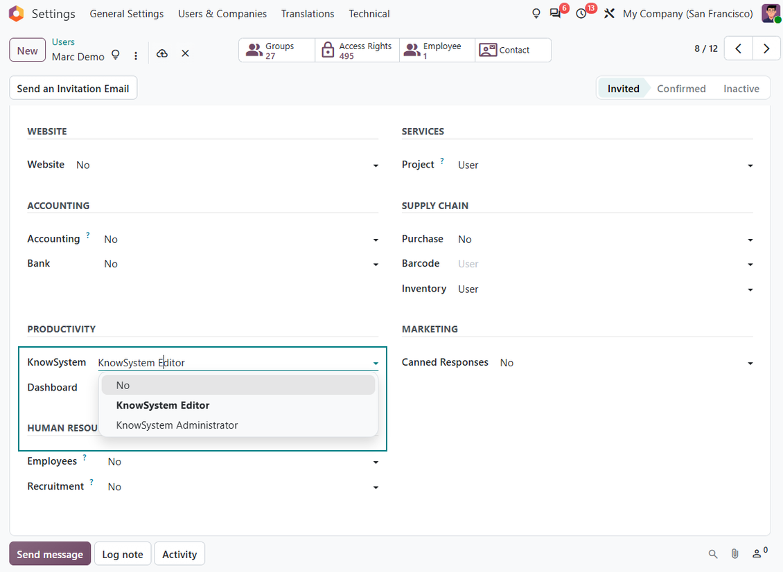 Konfigurasi peran pengguna dan hak akses KnowSystem di Odoo