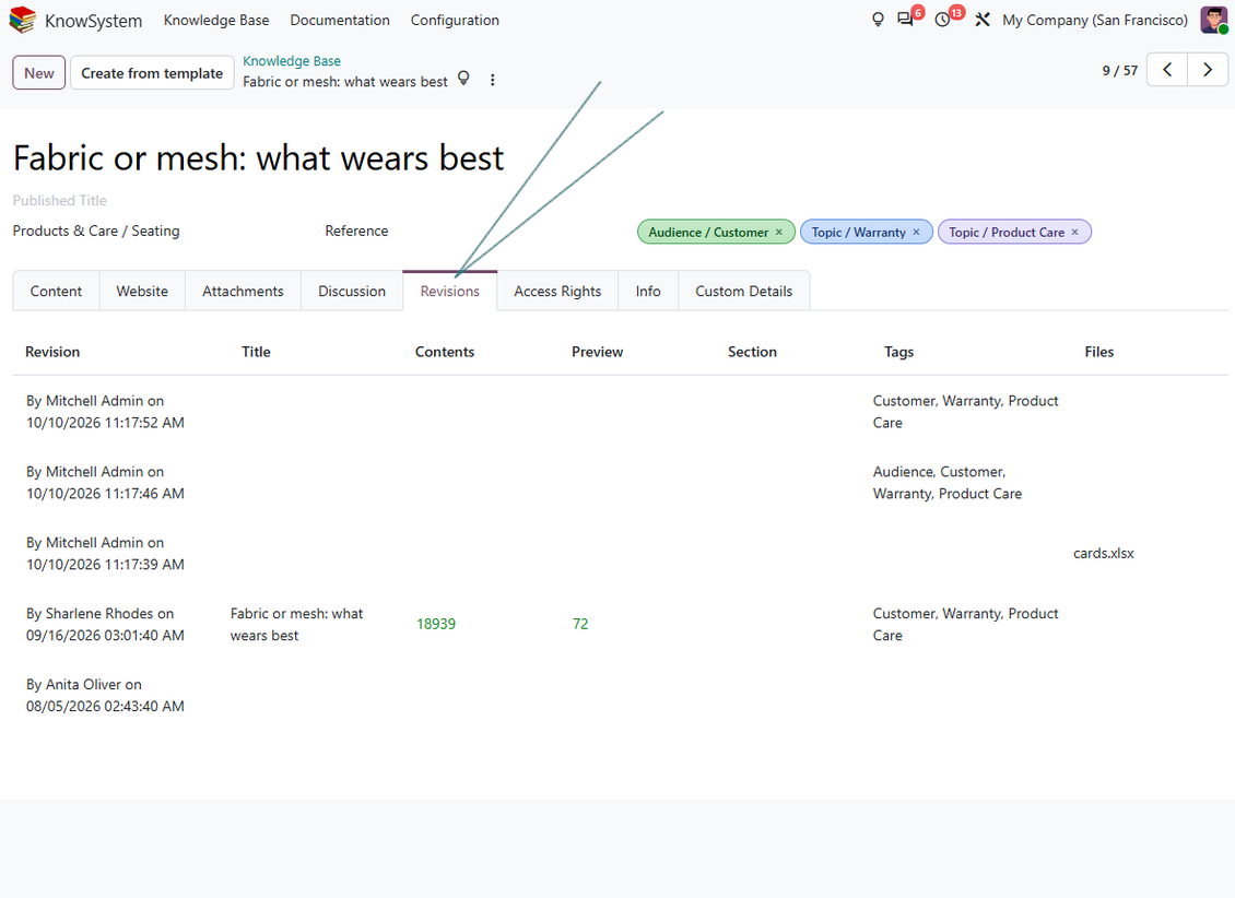 Riwayat revisi penuh artikel basis pengetahuan Odoo KnowSystem, gaya wiki