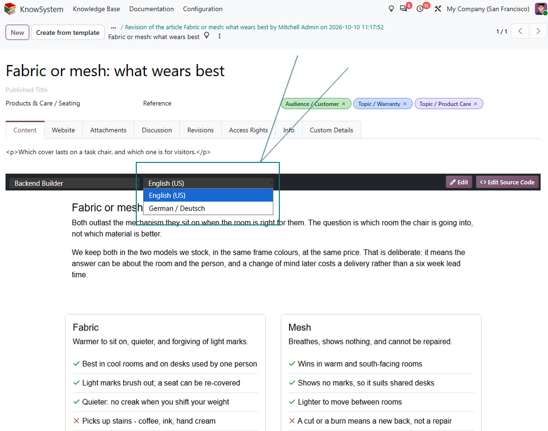 KnowSystem article translation interface for maintaining knowledge content in multiple Odoo languages