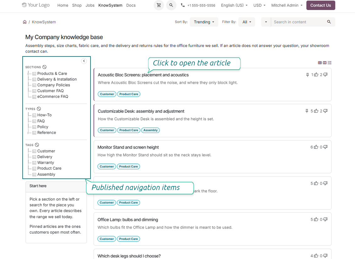 Odoo KnowSystem website portal page with searchable navigation for public and portal knowledge articles