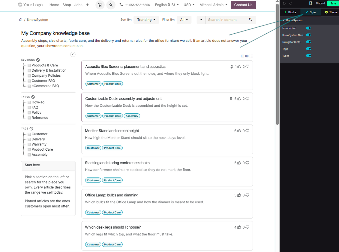 Odoo website settings for customizing KnowSystem portal navigation search sorting and article display
