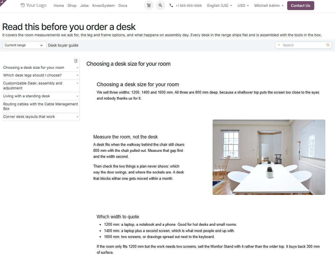 Odoo Documentation Builder website page generated from reusable KnowSystem articles with structured documentation content