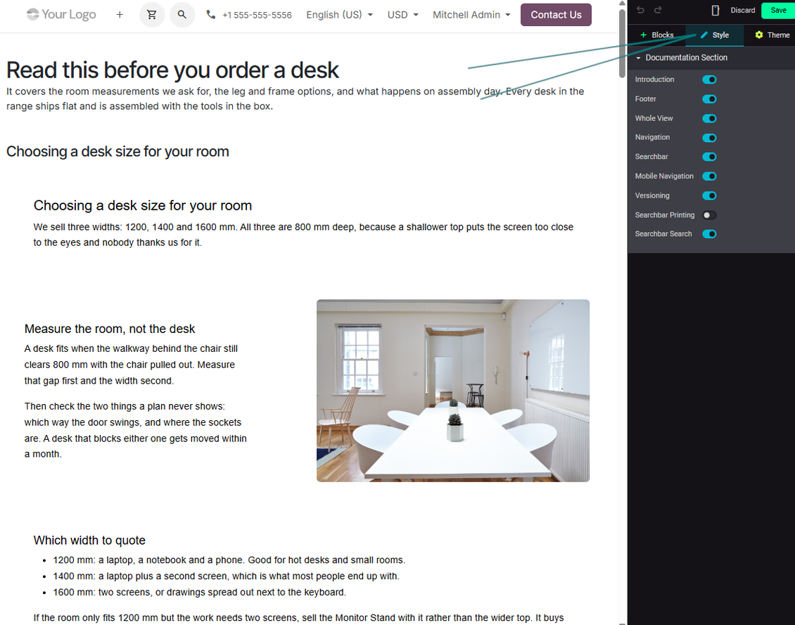 Odoo Documentation Builder options for search table of contents previews and website documentation display