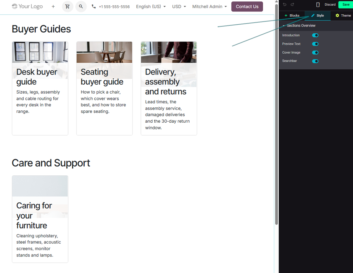 Odoo Documentation Builder customization switches for documentation sections including navigation search and printing