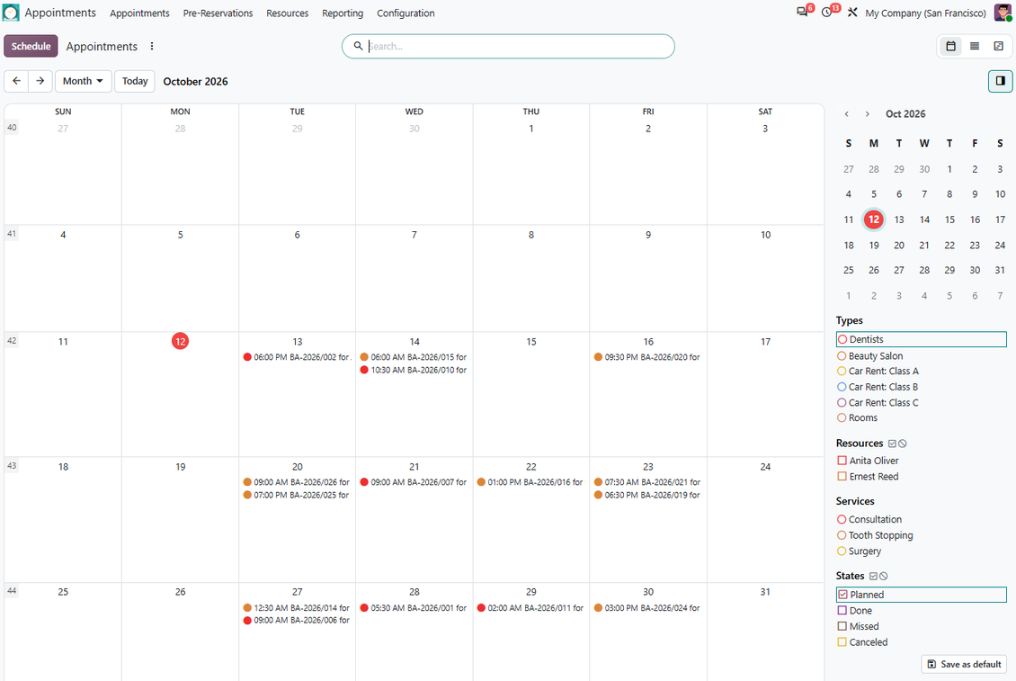 Kalender perencanaan janji temu di Odoo
