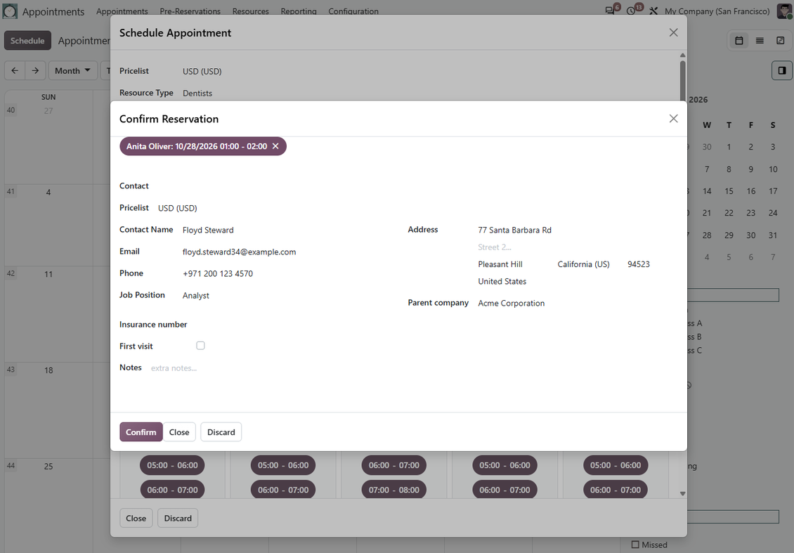 Detail klien untuk janji temu Odoo