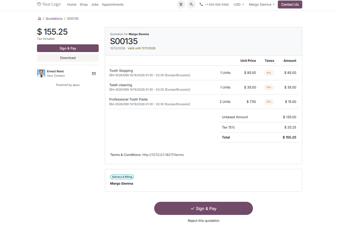 Order penjualan layanan di portal Odoo