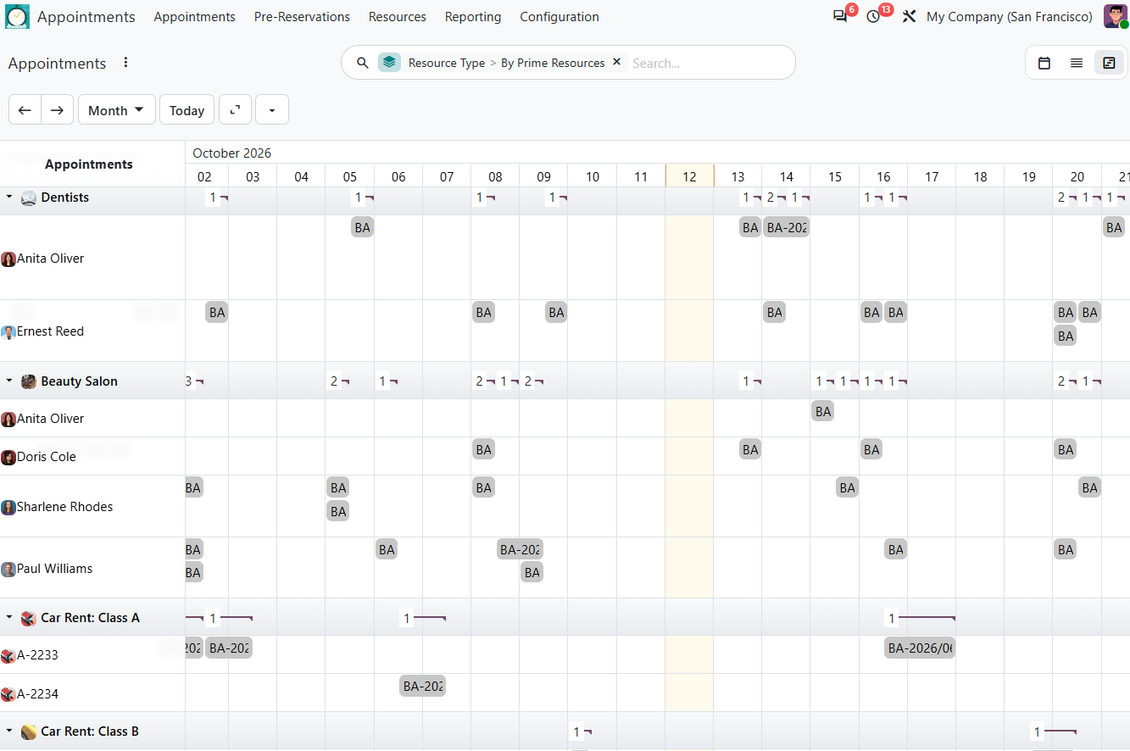Odoo Enterprise Gantt-visning med aftalereservationer og ressourcebelastning