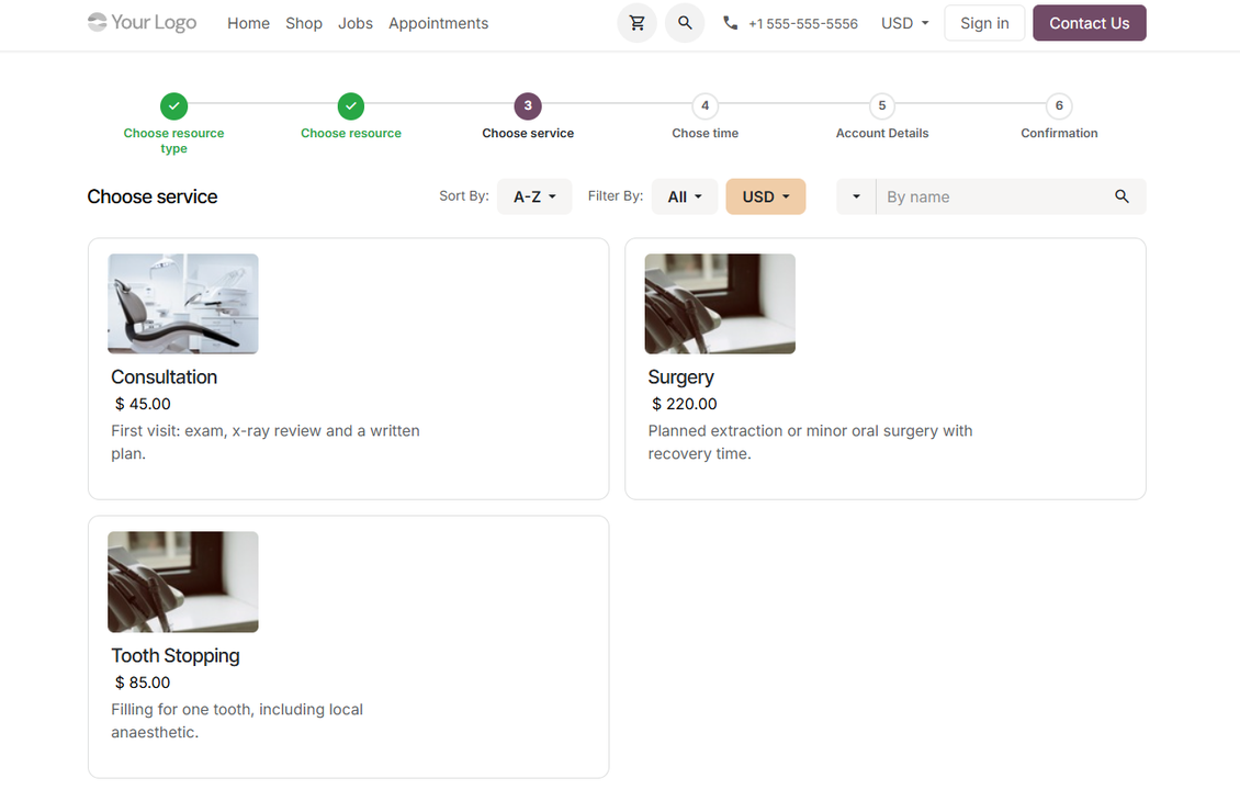 Website service reservation page