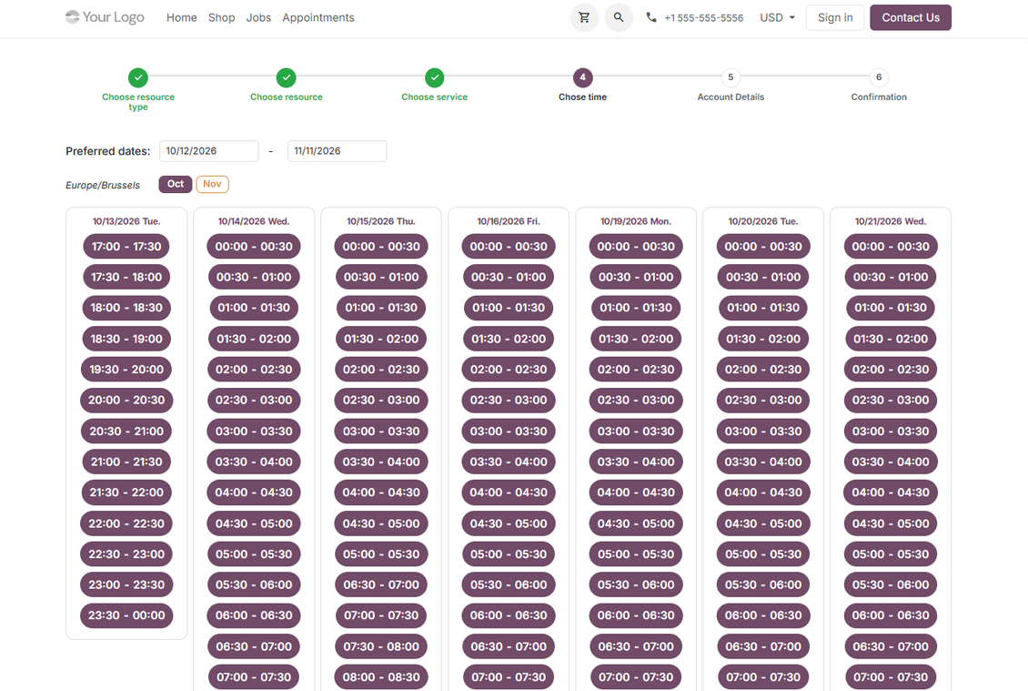 Website time slot booking page