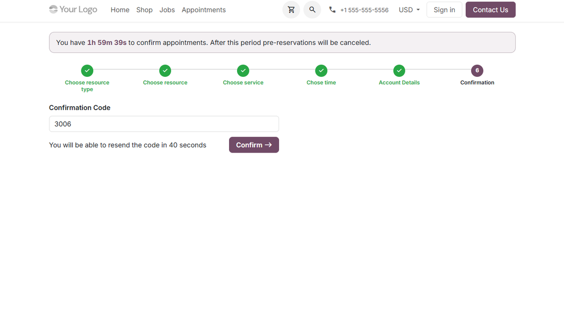 Confirmation code email to schedule an appointment
