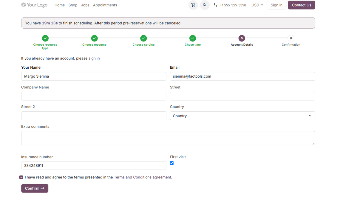Odoo reservation: contact details