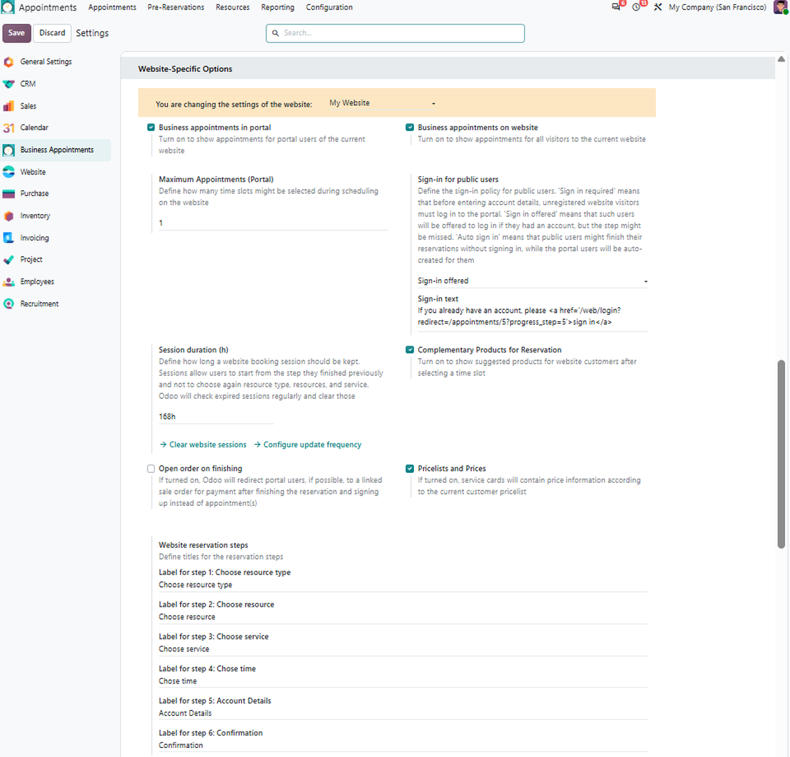 Configuration page: website-specific options (part 1)