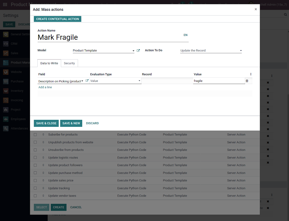 Tindakan pelayan Odoo untuk templat produk