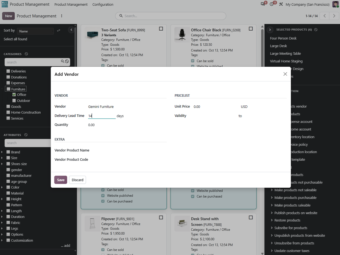 Kemas kini pukal pembekal produk Odoo