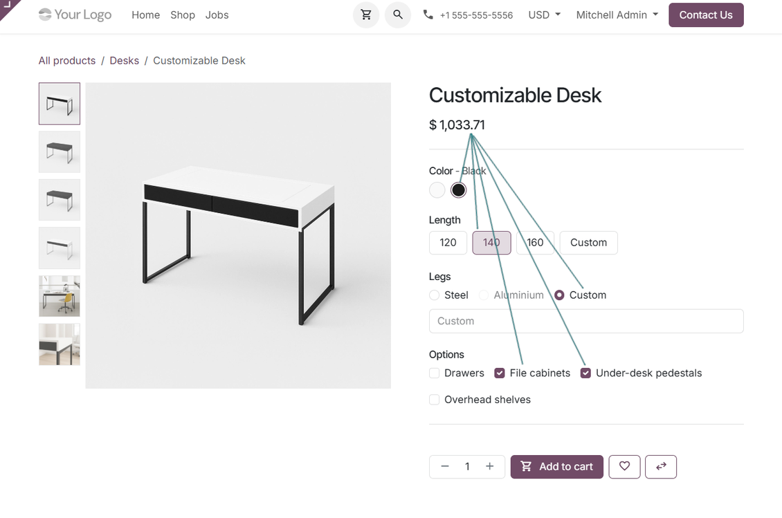 Odoo eCommerce produkto puslapis, rodantis pažangią varianto kainą, taikomą svetainės parduotuvėje