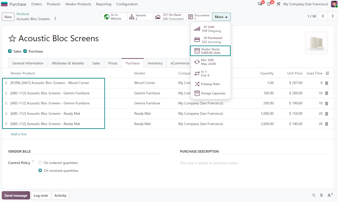 Odoo product variant form displaying suppliers' available stock levels from the vendor catalog