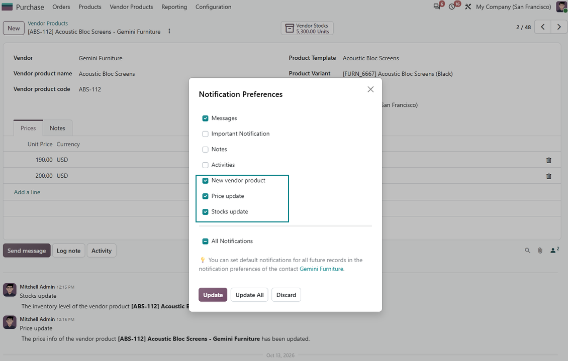 Vendor product subscriptions for prices and stocks