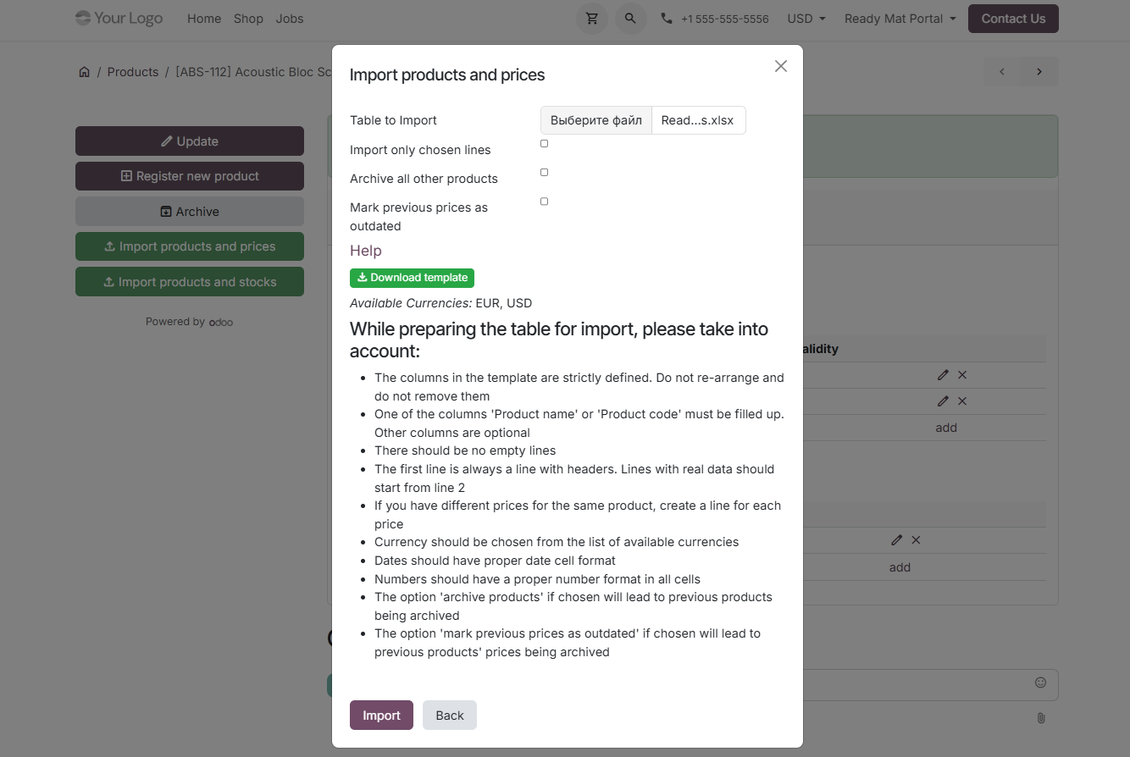 Importing vendor products and prices in the Odoo portal