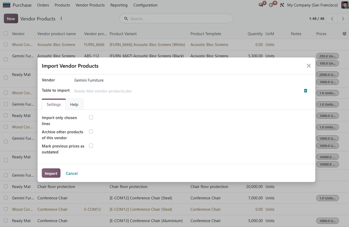 The wizard to import supplier products and prices