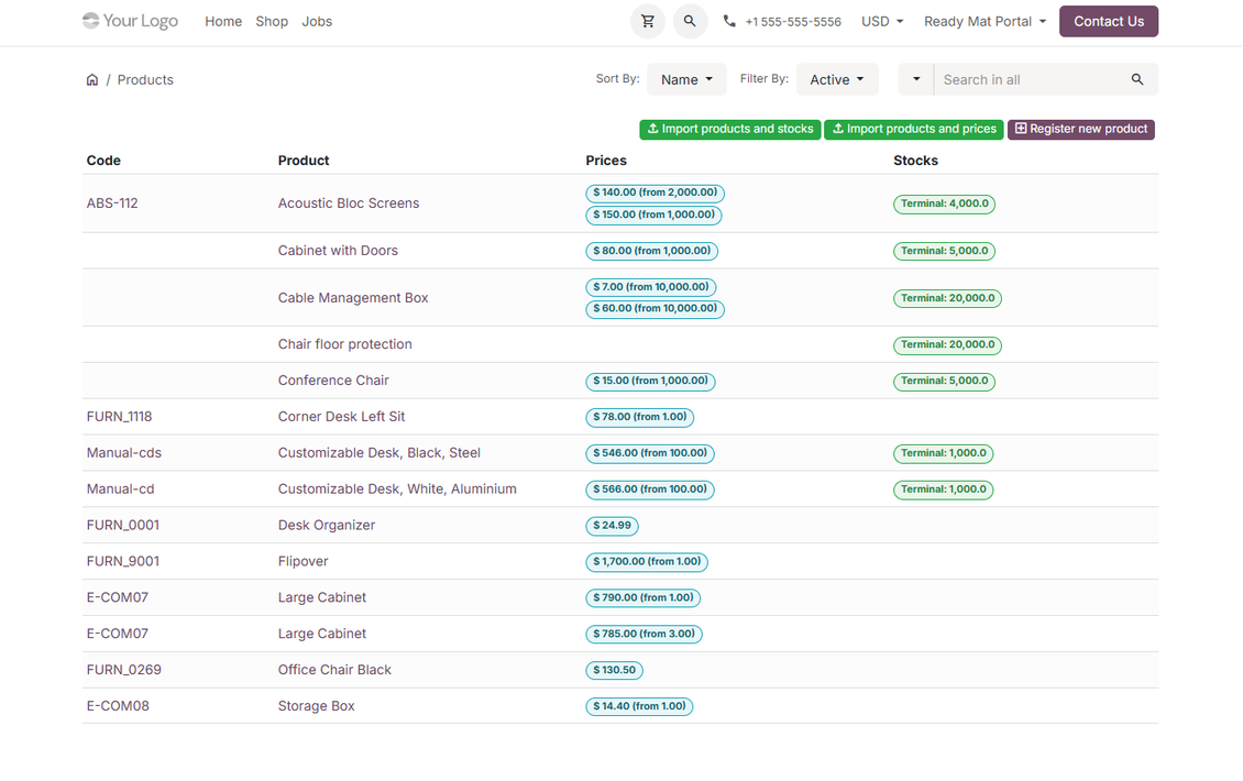 List of vendor products in the Odoo supplier portal