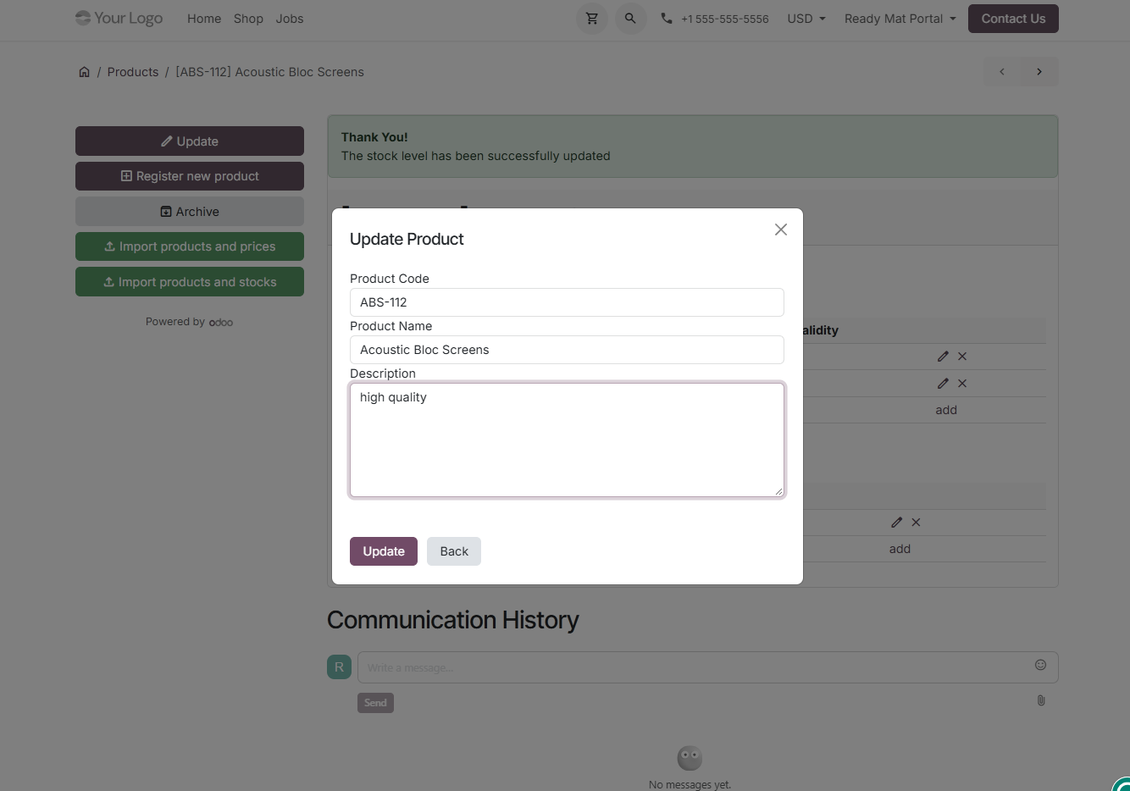 Vendor updating a product from the Odoo portal