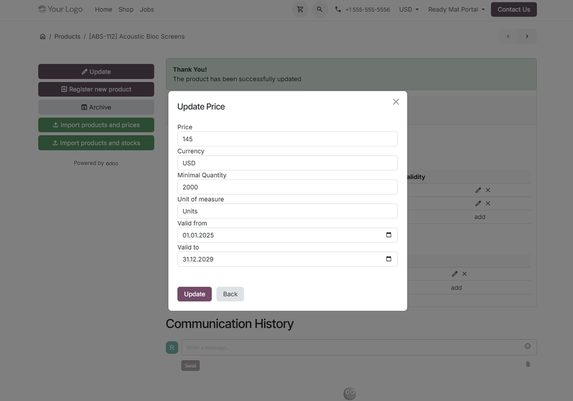 Supplier updating a price in the Odoo portal