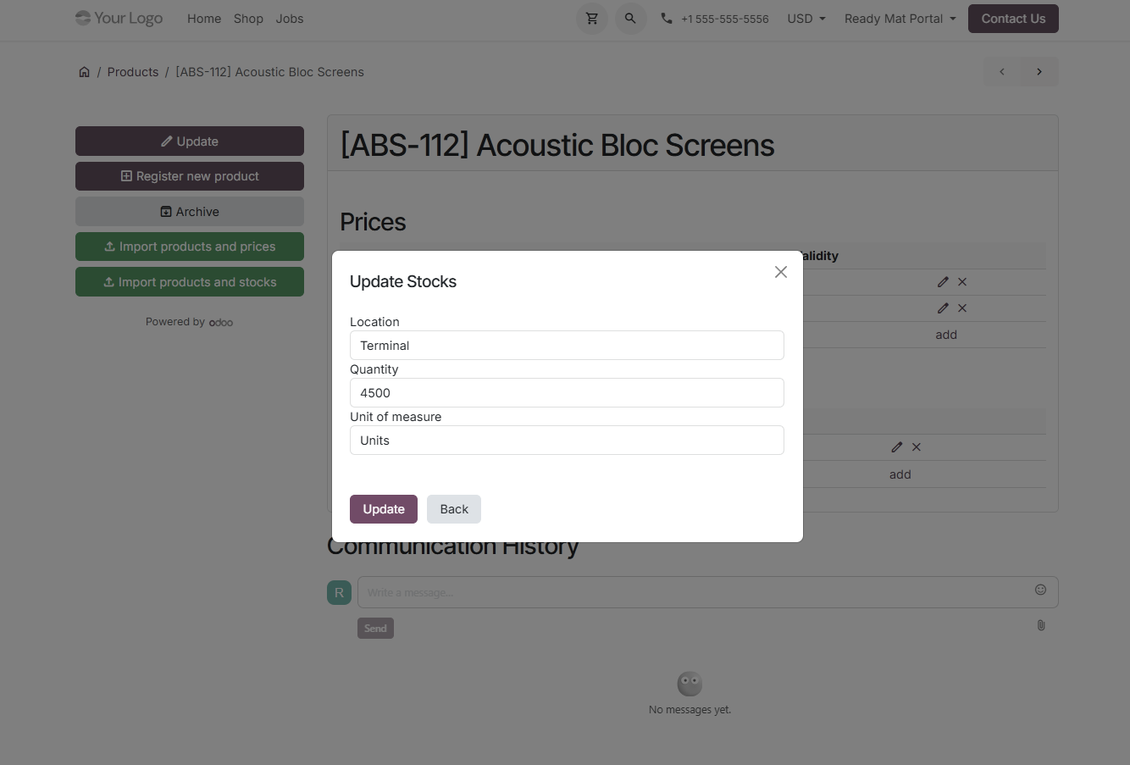 Vendor updating stock levels in the Odoo portal