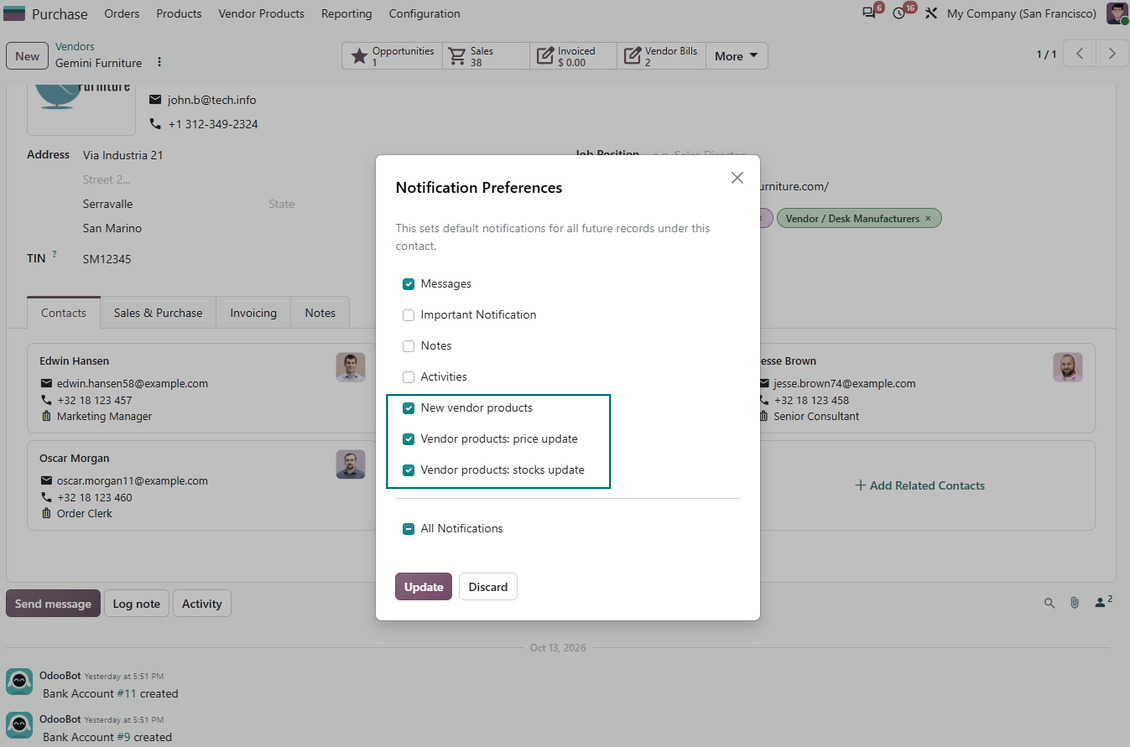 Odoo vendor product-related subscriptions