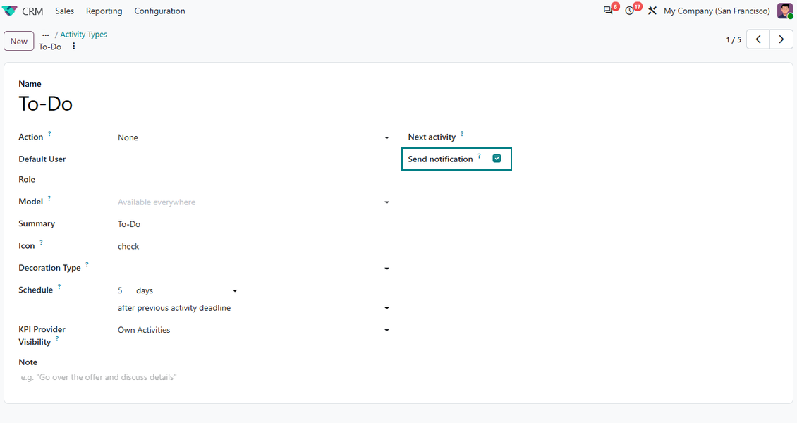 Odoo activity type Notify setting for Activities Daily Reminder filter