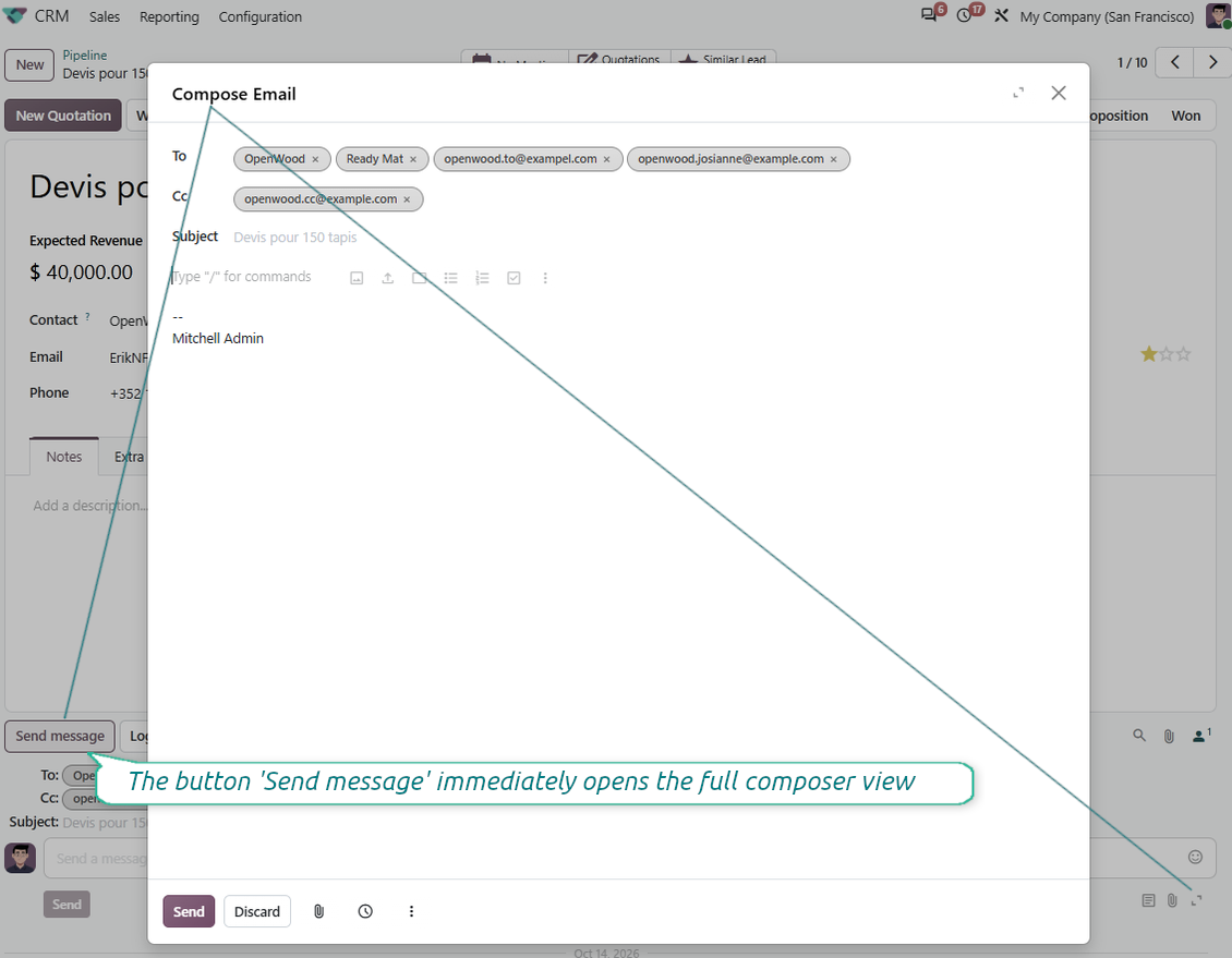 Full Odoo email composer opened from Send message
