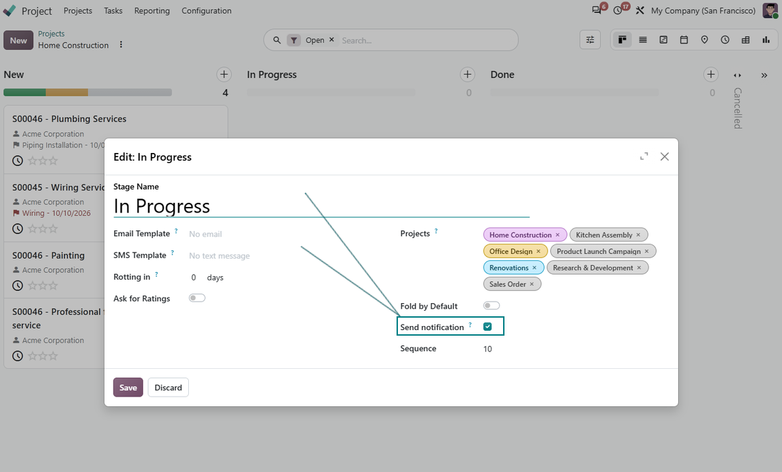 Odoo project task stage Notify setting for Tasks Daily Reminder filter