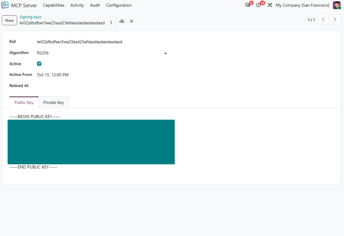 Управление на ключове за подпис в модула Odoo MCP Server, с показване на конфигурацията на публичния ключ за сигурна автентикация между Odoo и AI модели.