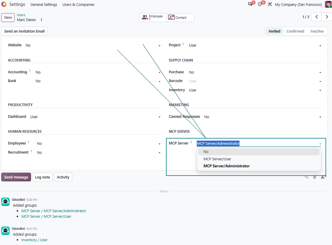 Страница с потребителски настройки в Odoo, която подчертава полето за права MCP Server с роли User или Administrator за достъп до AI чат.