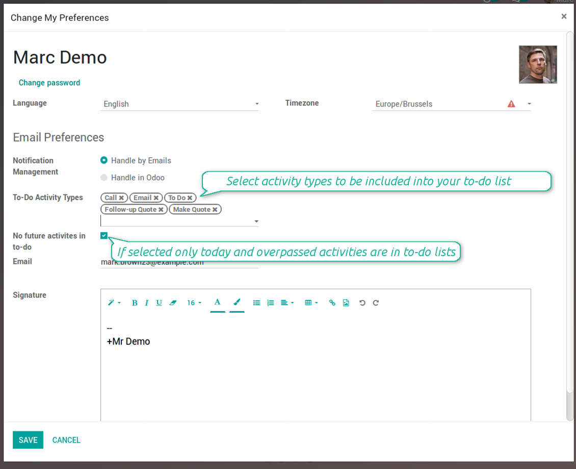 User activity types preferences