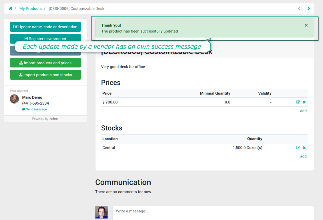 Portal of suppliers: success message