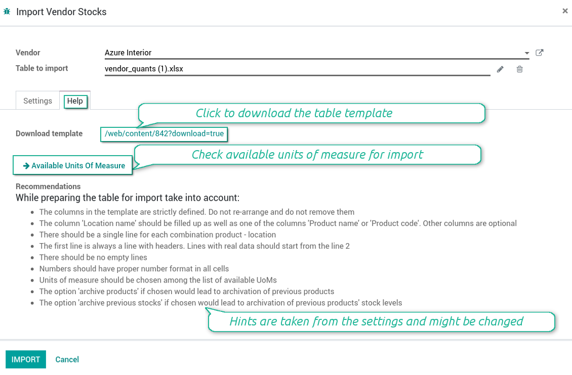 Help and hints in vendor stocks' import