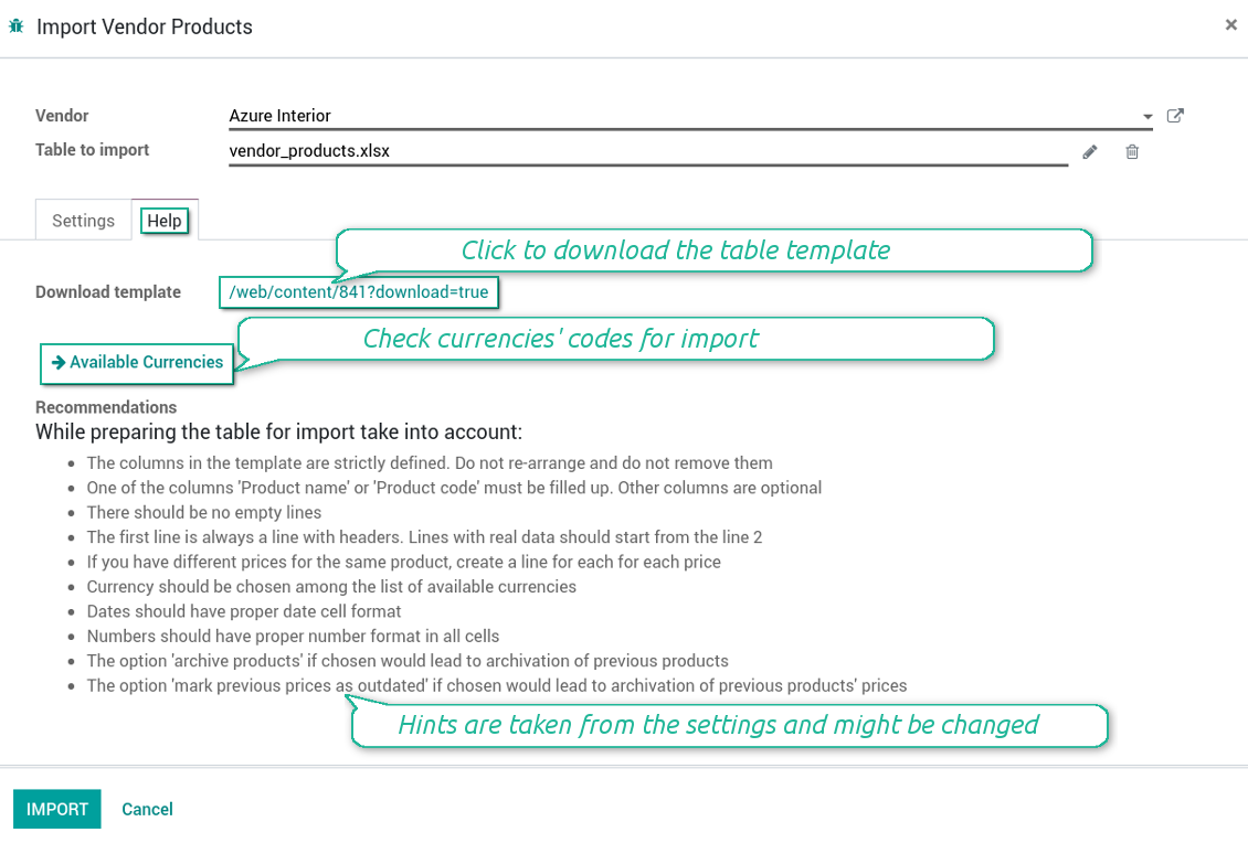 Help and hints in vendor prices' import